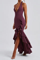 Veronique ruffle hem Maxi Dress in Cherry Lacquer