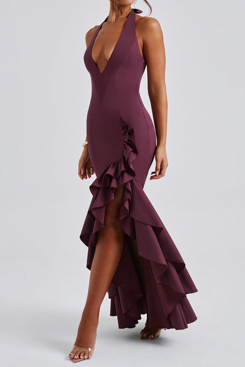 Veronique ruffle hem Maxi Dress in Cherry Lacquer