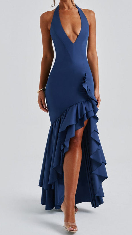 ABITO LUNGO VERONIQUE CON ORLO A VOLANT IN BLU MARINO