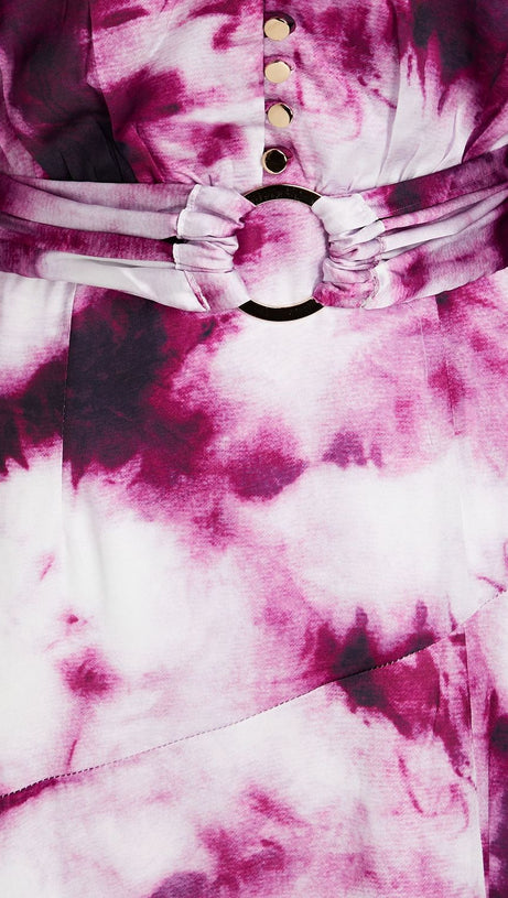 ABITO LUNGO IN RASO TIE-DYE CON CINTURA FUCSIA SUSANNA