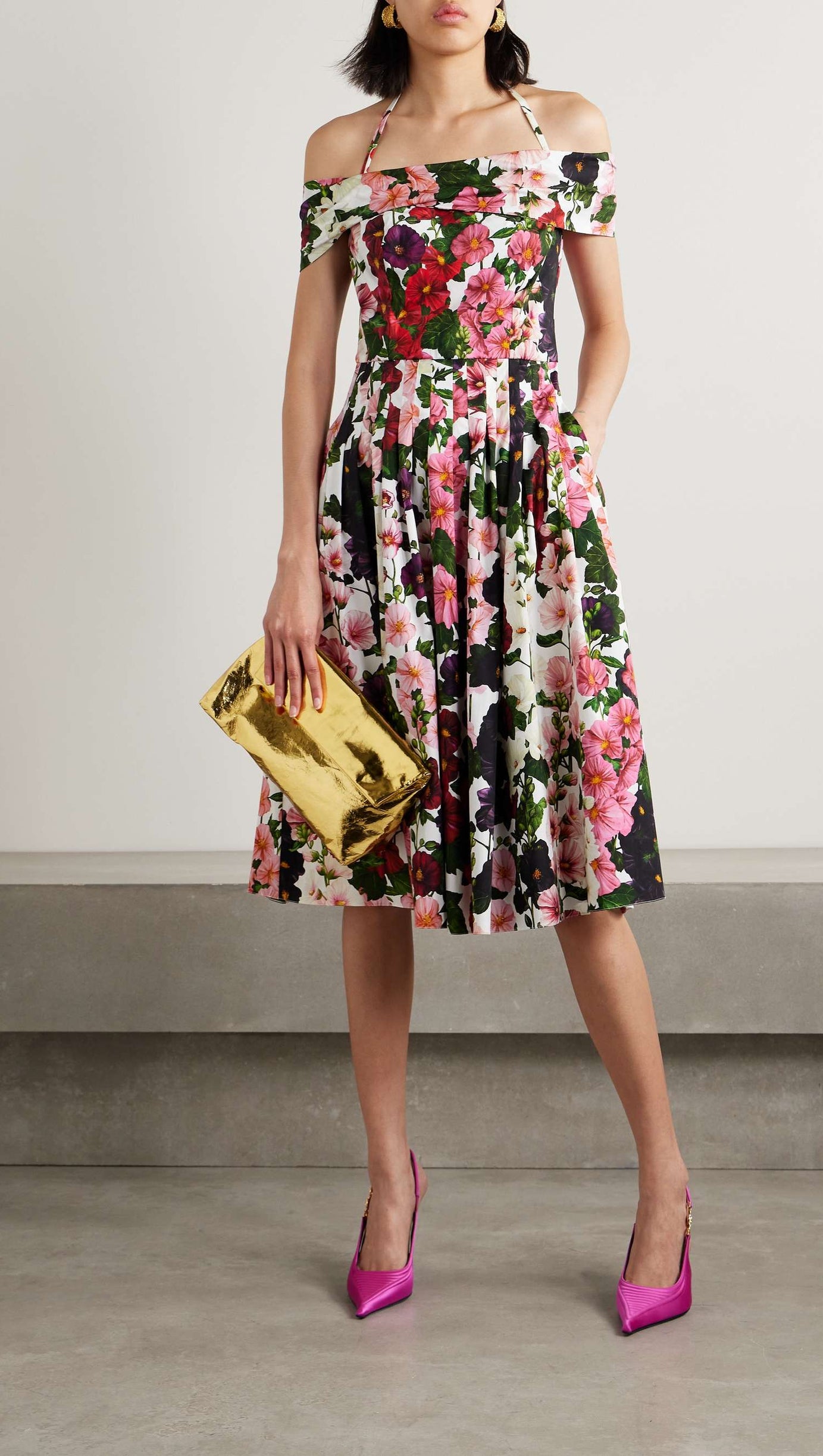 MULTICOLOR OFF-SHOULDER PLEATED FLORAL-PRINT COTTON-BLEND POPLIN DRESS