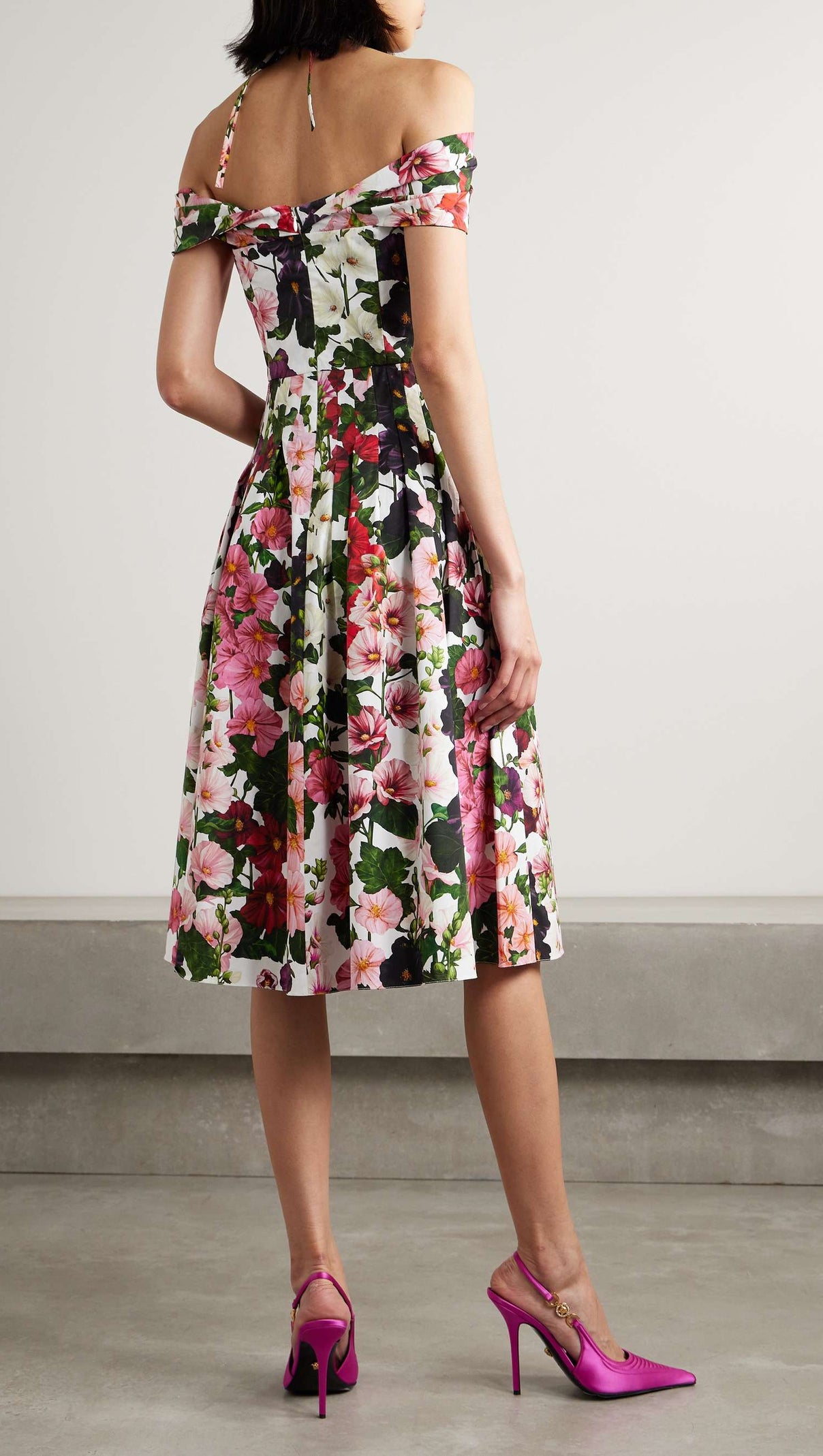 AIIZIE MULTICOLOR OFF-SHOULDER PLEATED FLORAL-PRINT COTTON-BLEND POPLIN DRESS - product image
