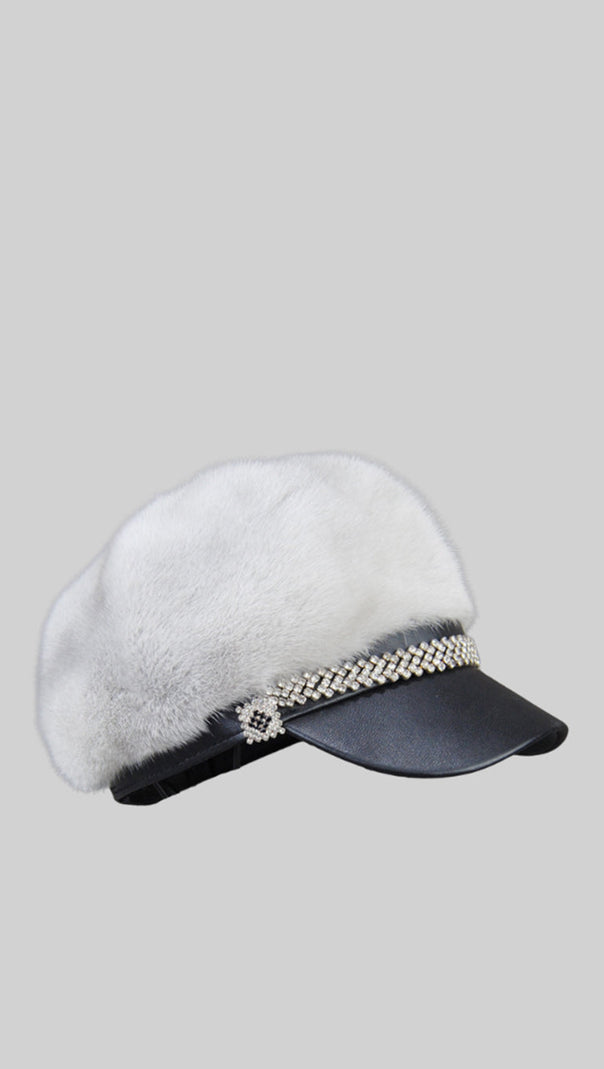 Mink Fur Hat With Leather Visor - White