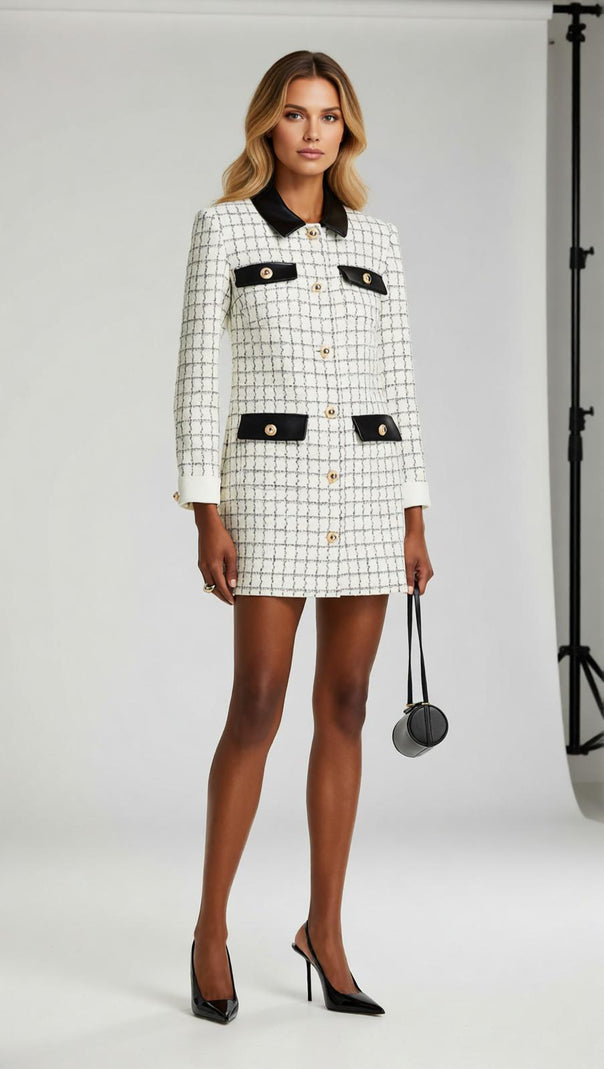 AIIZIE Luxe Windowpane Bouclé Mini Dress with Leather Trim & Gold Buttons - product image