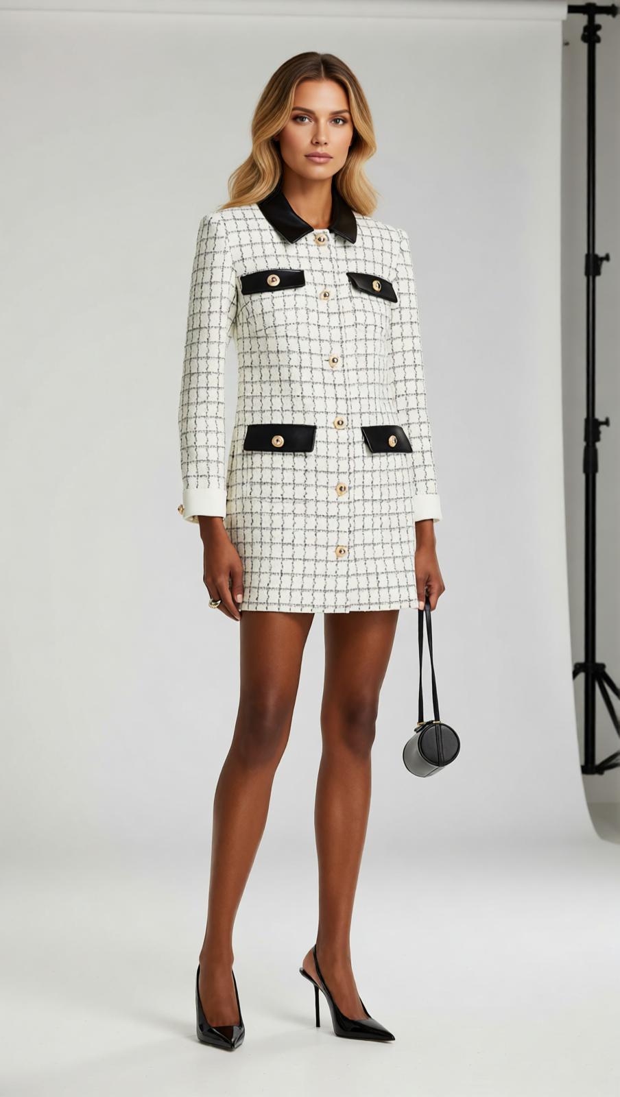 Luxe Windowpane Bouclé Mini Dress with Leather Trim & Gold Buttons