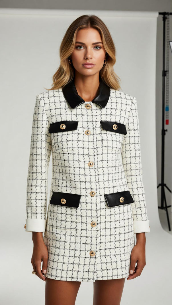 AIIZIE Luxe Windowpane Bouclé Mini Dress with Leather Trim & Gold Buttons - product image