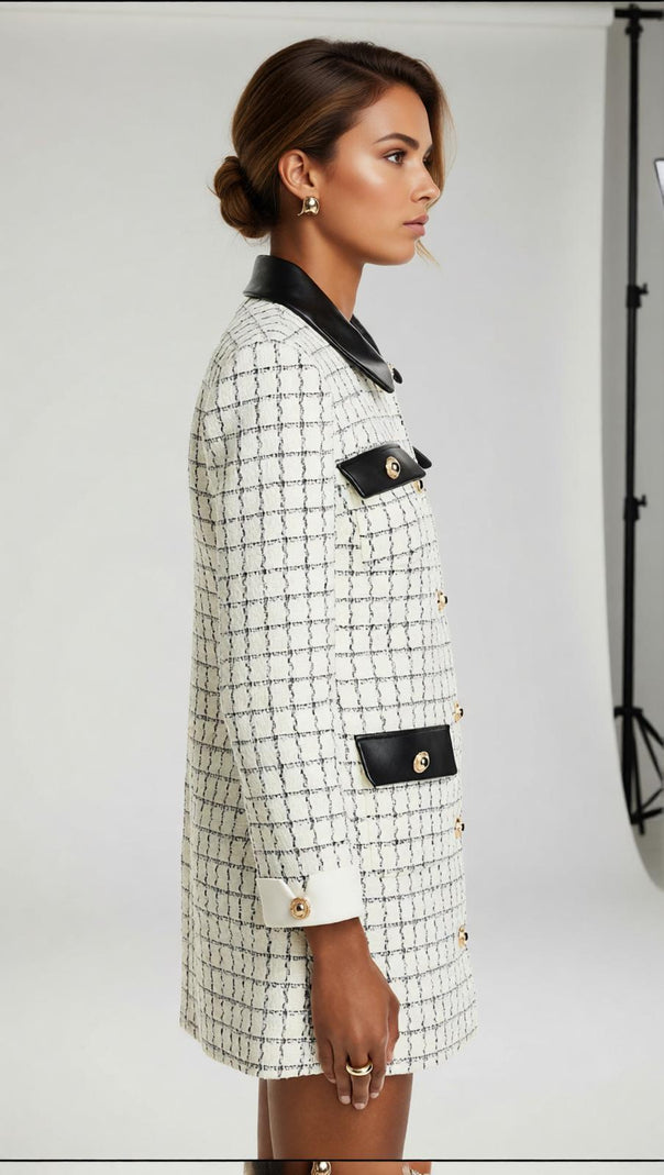 AIIZIE Luxe Windowpane Bouclé Mini Dress with Leather Trim & Gold Buttons - product image