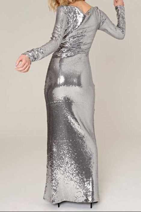 Langärmliges Maxikleid mit Pailletten und Cut-Out in Silber