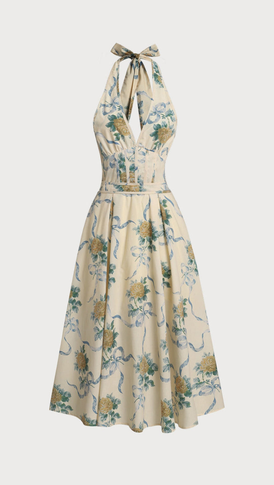 Deirdre – Gelbes Midikleid mit tiefem V-Ausschnitt und Blumenmuster