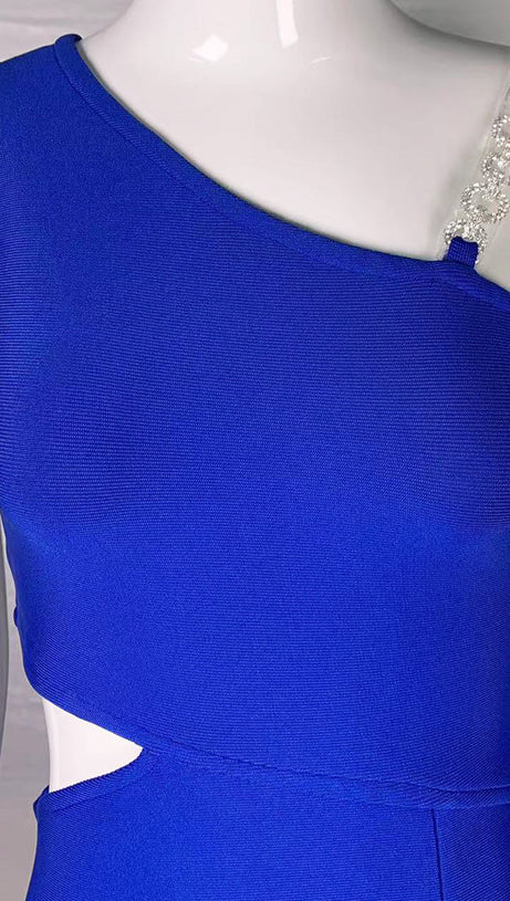 RHINESTONE STRAPS CUT-OUT SPLIT MINI DRESS