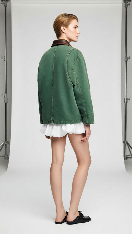 Women's Chic Green Workwear Jacket with Contrast Leather Collar