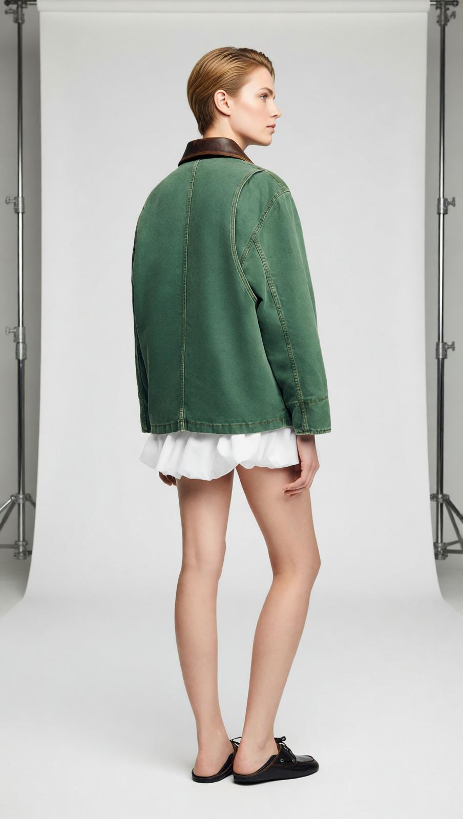 Women's Chic Green Workwear Jacket with Contrast Leather Collar