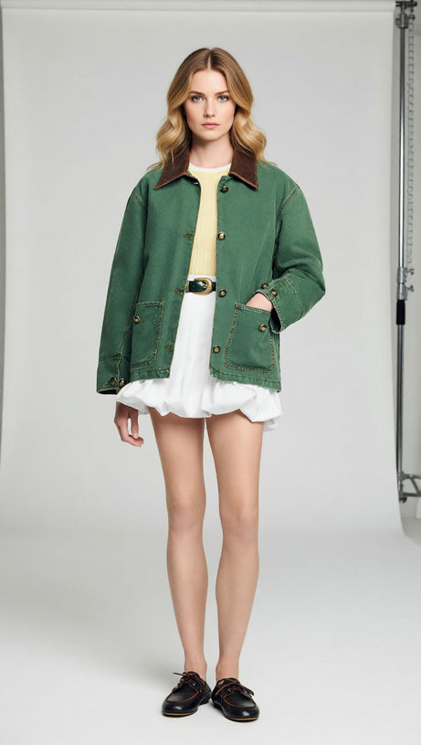 Women's Chic Green Workwear Jacket with Contrast Leather Collar