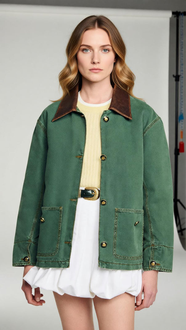 AIIZIE Women's Chic Green Workwear Jacket with Contrast Leather Collar - product image