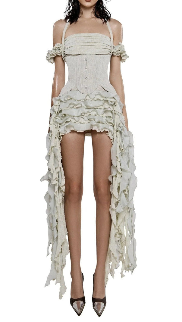 AIIZIE ELVA HALTER THREE-DIMENSIONAL FLOWER IRREGULAR TASSEL MINI DRESS IN BEIGE - product image