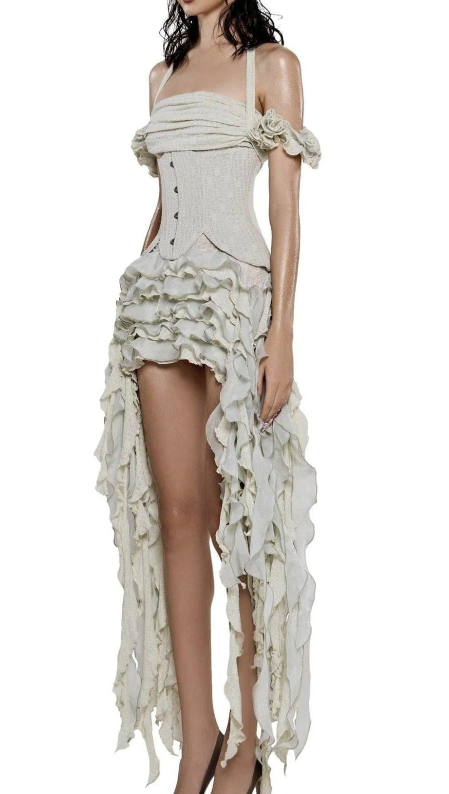 ELVA HALTER THREE-DIMENSIONAL FLOWER IRREGULAR TASSEL MINI DRESS IN BEIGE