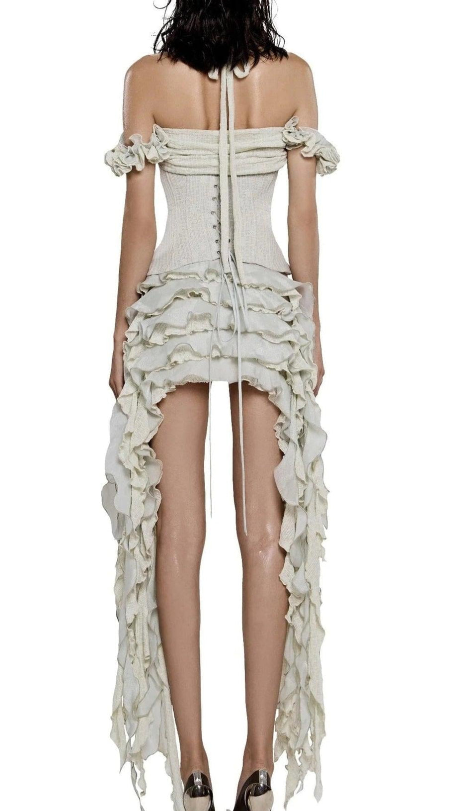 ELVA HALTER THREE-DIMENSIONAL FLOWER IRREGULAR TASSEL MINI DRESS IN BEIGE