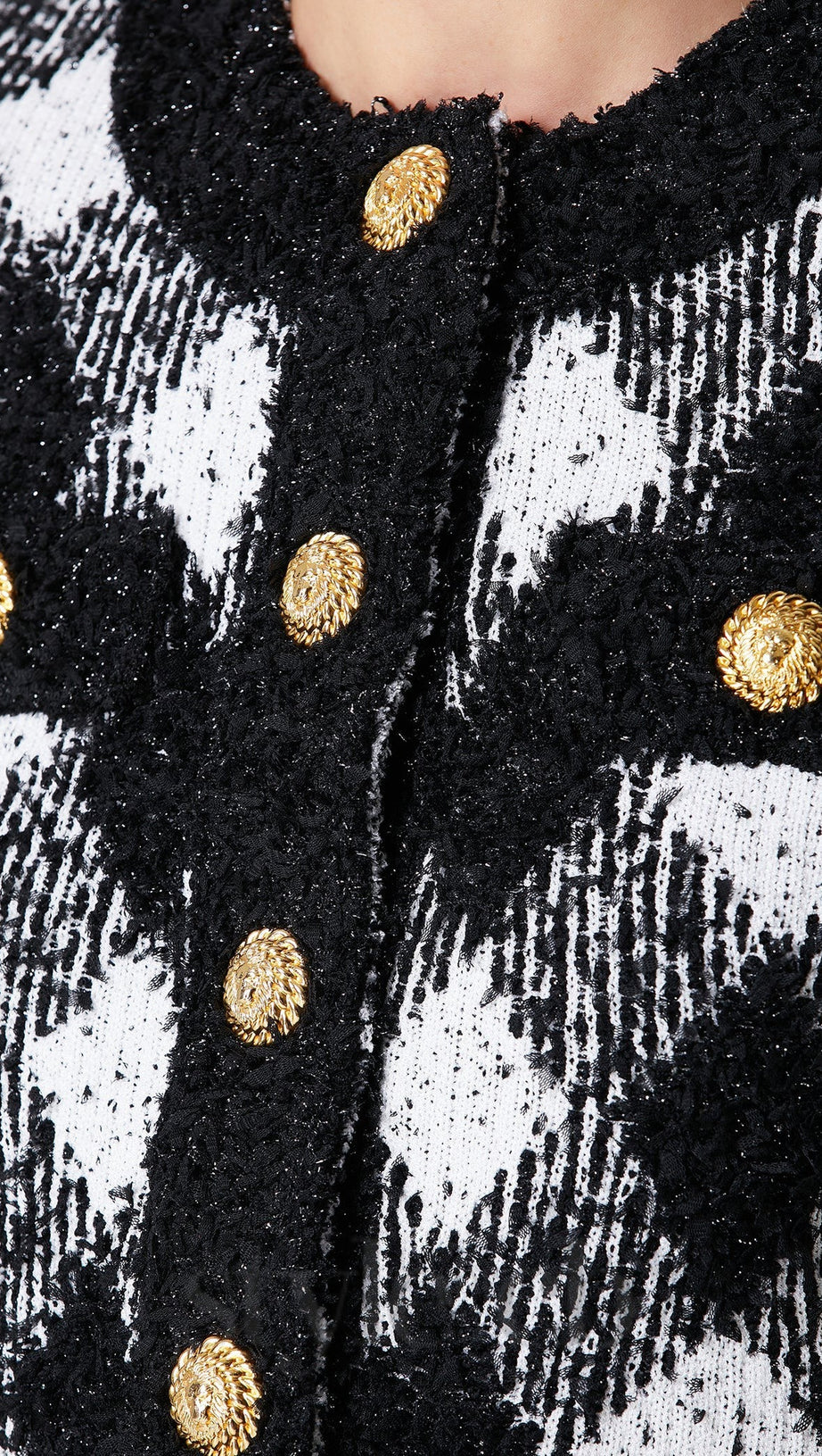 Schwarz-weiße Gingham-Tweed-Strickjacke