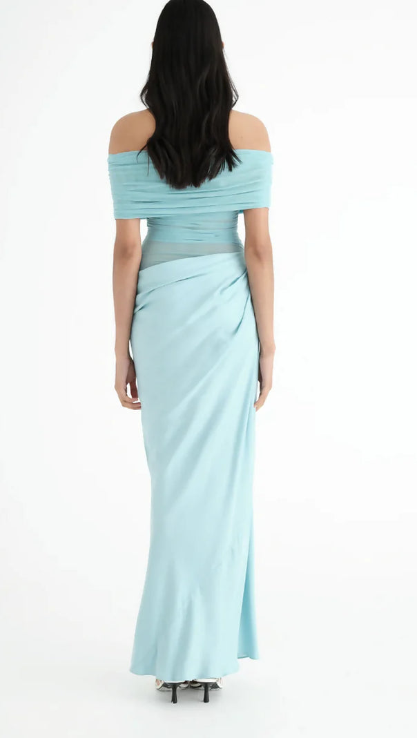 AIIZIE OFF SHOULDER RUCHED MESH MAXI DRESS IN BLUE - product image